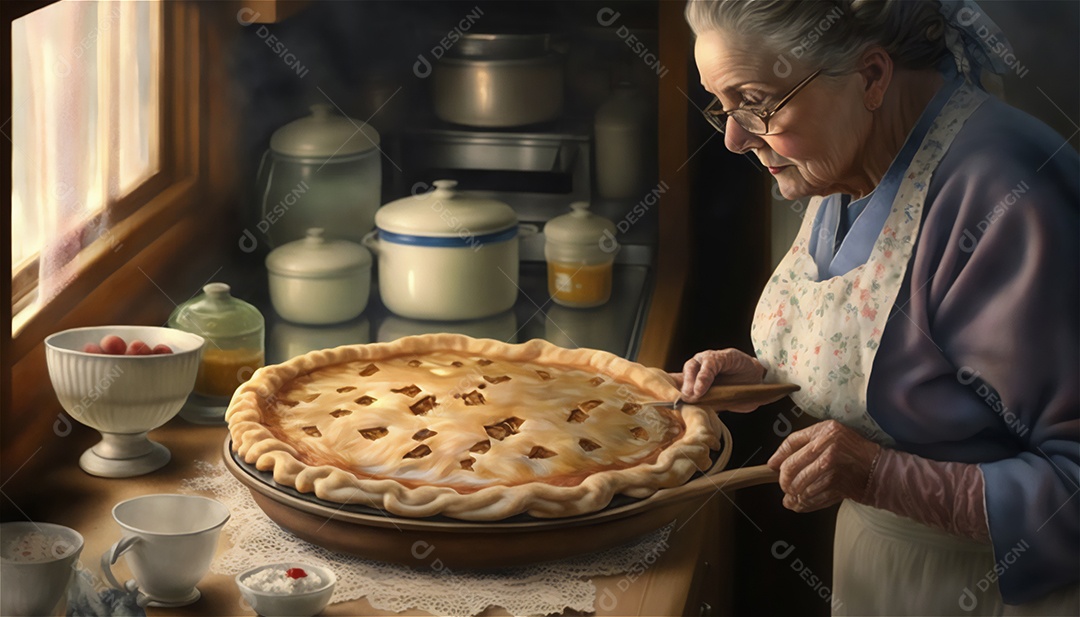 Ilustração mulher na cozinha preparando torta