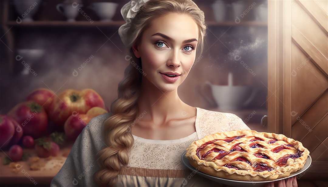 Ilustração mulher na cozinha preparando torta