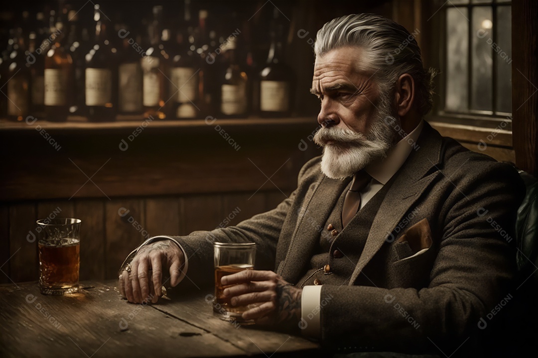 Ilustração homem de época tomando whiskey