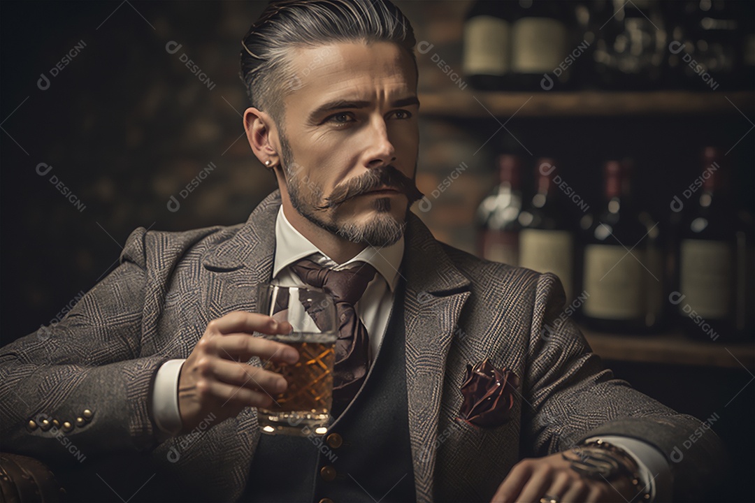 Ilustração homem de época tomando whiskey