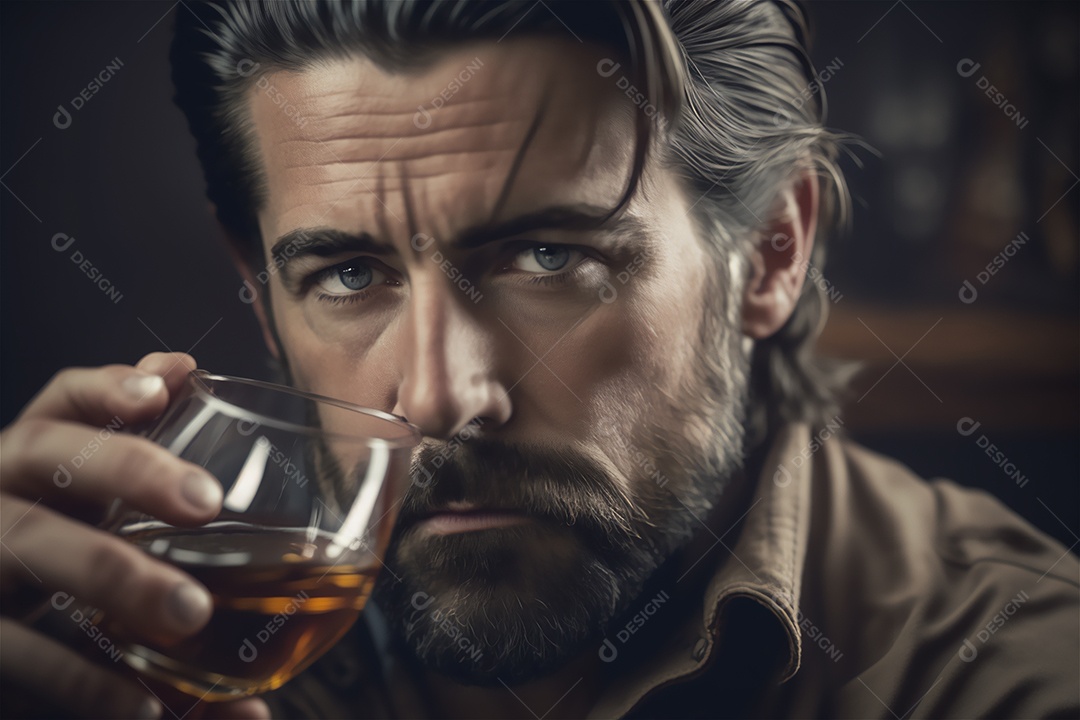 Ilustração homem de época tomando whiskey