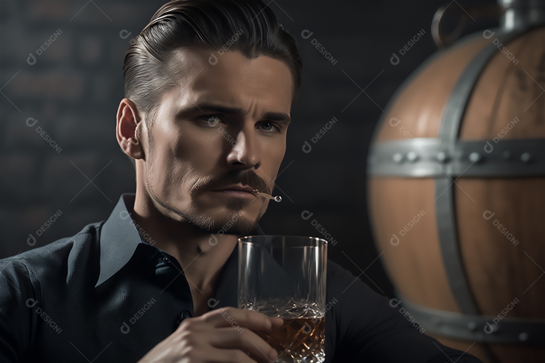 Ilustração homem de época tomando whiskey