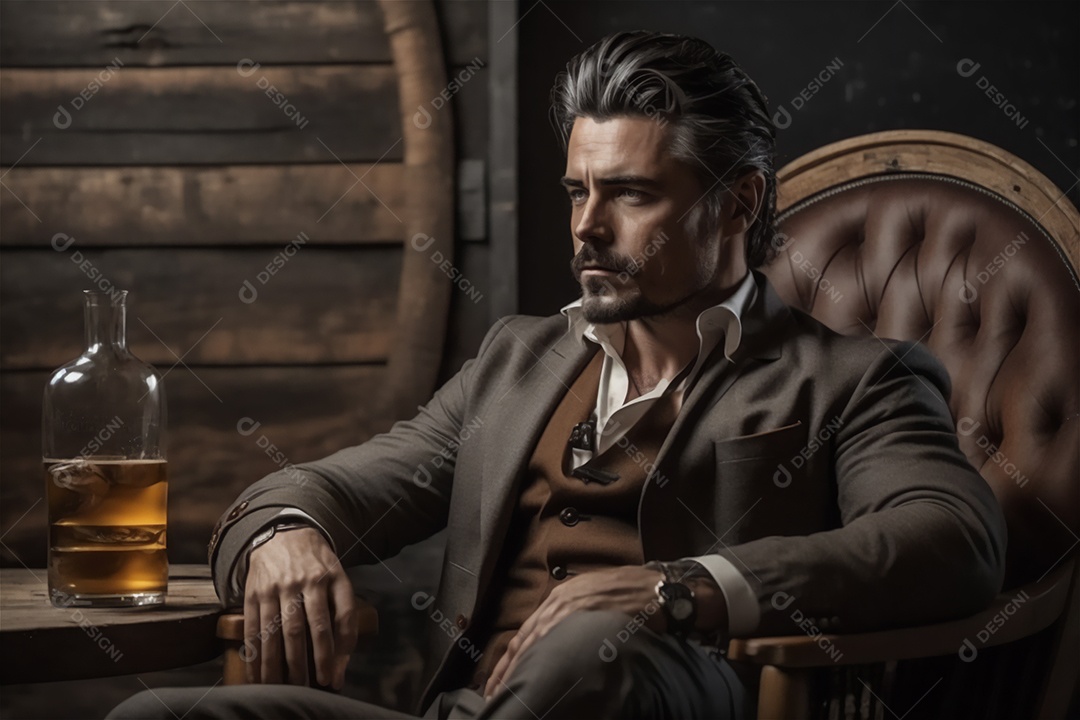 Ilustração homem de época tomando whiskey