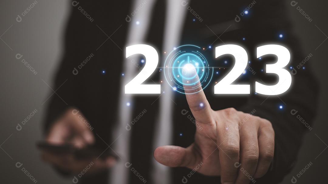 Poder de ícone tocante de negócios na tela virtual de 2023. ideias de sucesso e conceito de alvo e plano.