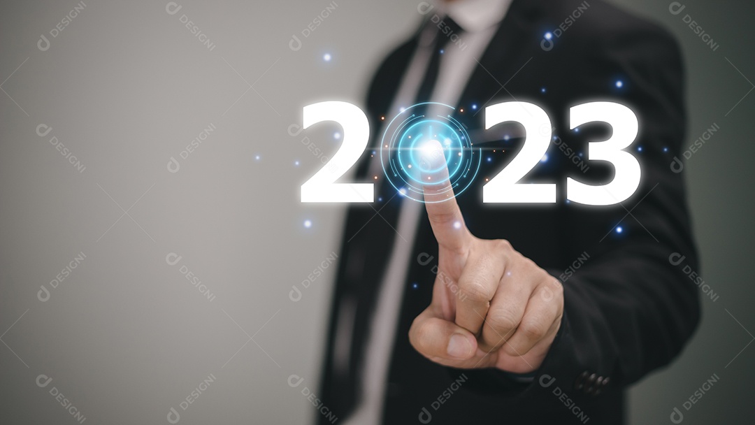 Poder de ícone tocante de negócios na tela virtual de 2023. ideias de sucesso e conceito de alvo e plano.