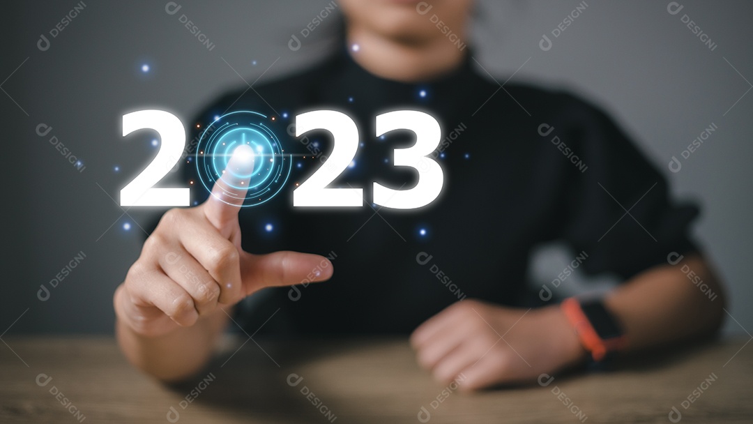 Poder de ícone tocante de negócios na tela virtual de 2023. ideias de sucesso e conceito de alvo e plano.