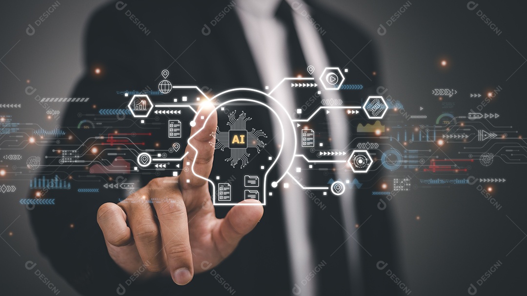 Interface de tela virtual de tecnologia futura. Empresário de mão segurando interface de tela AI Conceito de inteligência artificial.
