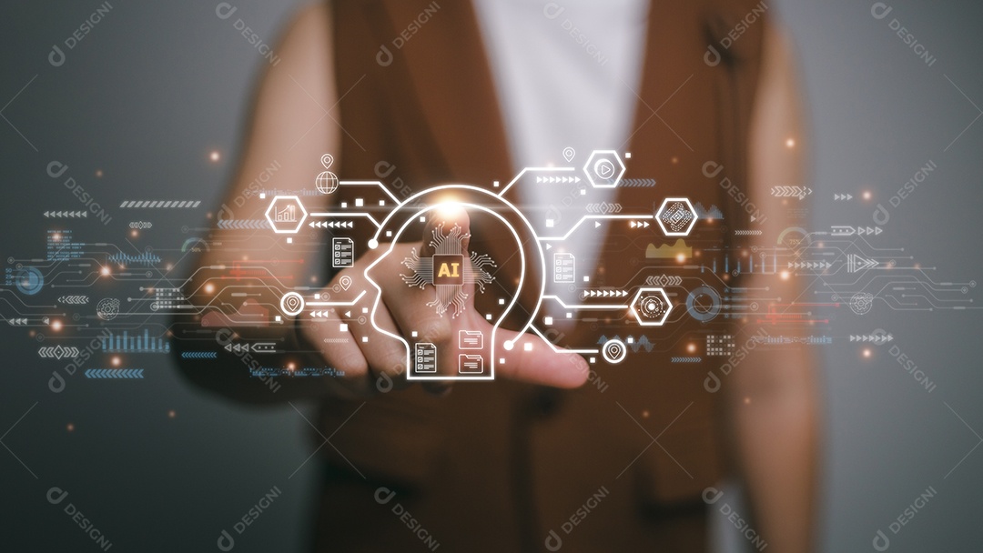 Empresária usando chatbot em inteligência inteligente de computador Ai. Bate-papo GPT Chat com AI Inteligência Artificial, desenvolvido pela OpenAI gerar. Tecnologia futurista, robô no sistema online.