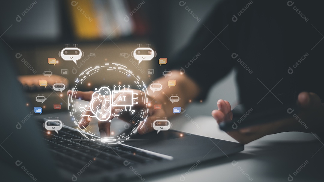 Empresária usando chatbot em inteligência inteligente de computador Ai. Bate-papo GPT Chat com AI Inteligência Artificial, desenvolvido pela OpenAI gerar. Tecnologia futurista, robô no sistema online.