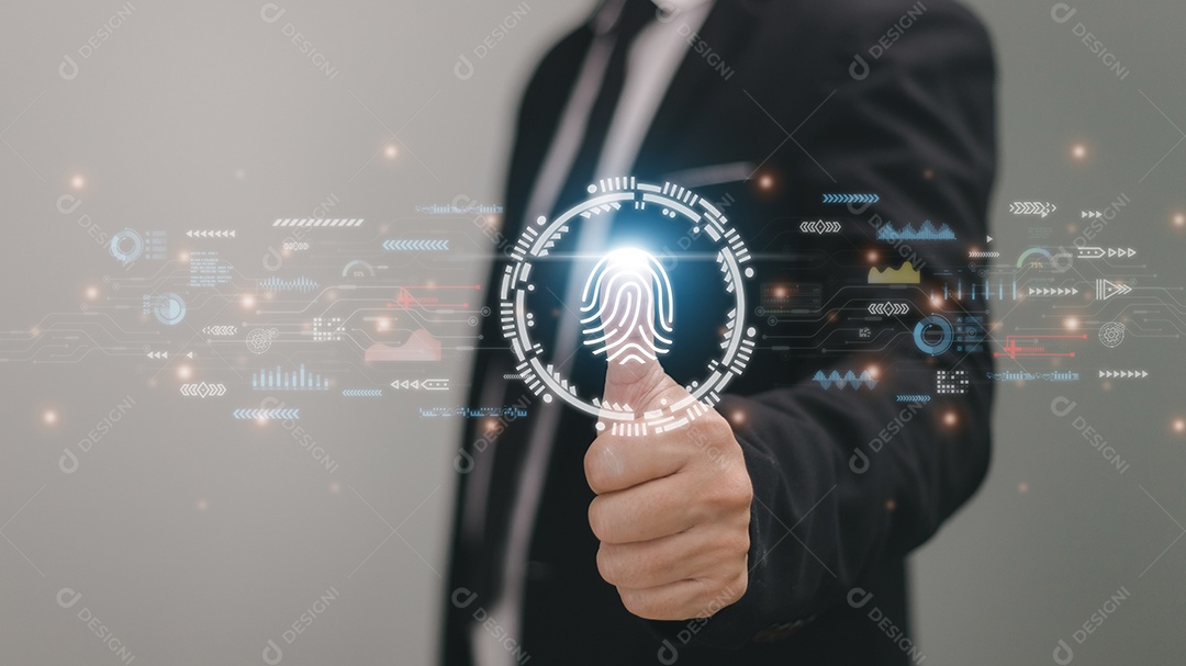 Identificação de impressão digital para acessar dados financeiros pessoais. A ideia para E-KYC eletrônico conheça seu cliente, segurança biométrica, inovação tecnológica contra o cibercrime digital