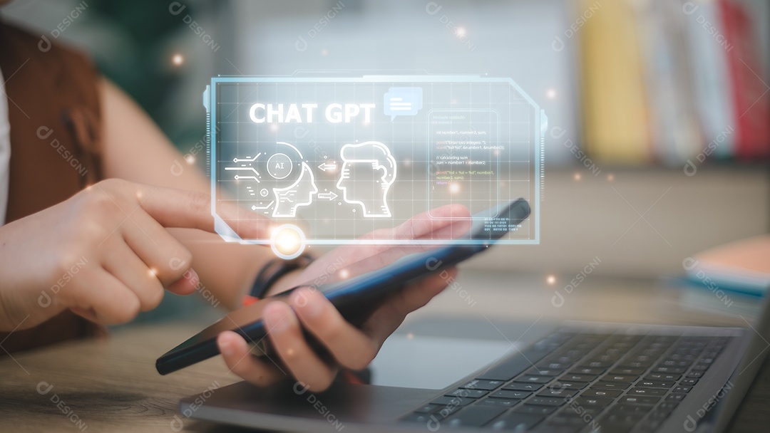 Chatbot Bate-papo com AI, Inteligência Artificial. homem usando tecnologia inteligente robô AI, inteligência artificial por entrar no prompt de comando para gerar algo, transformação de tecnologia futurista.