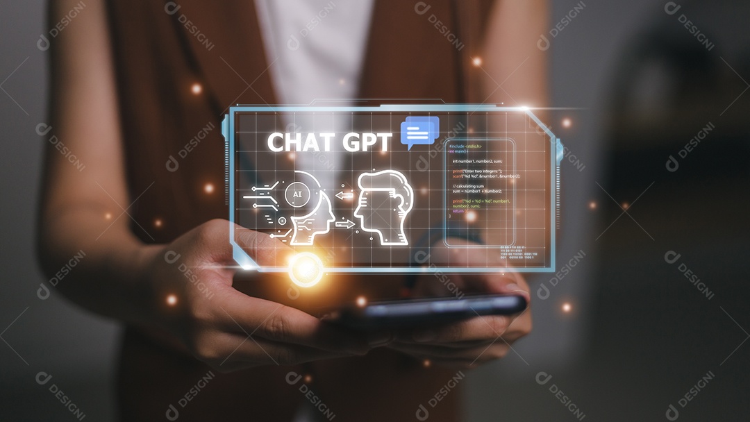 Chatbot Bate-papo com AI, Inteligência Artificial. homem usando tecnologia inteligente robô AI, inteligência artificial por entrar no prompt de comando para gerar algo, transformação de tecnologia futurista.