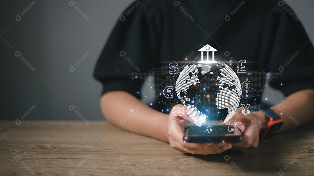 As mulheres usam telefones celulares e laptops para transferências de dinheiro e câmbio entre países do mundo. conceito de pagamento interbancário bancário online.