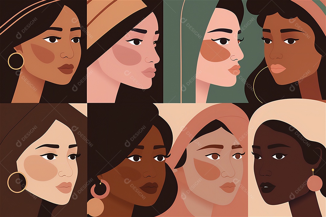 Ilustração do modelo Faces de design plano de desenhos animados de mulheres de diversas etnias e culturas. Dia Internacional da Mulher