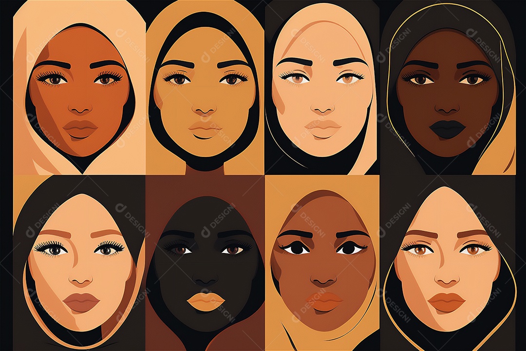 Ilustração do modelo Faces de design plano de desenhos animados de mulheres de diversas etnias e culturas. Dia Internacional da Mulher