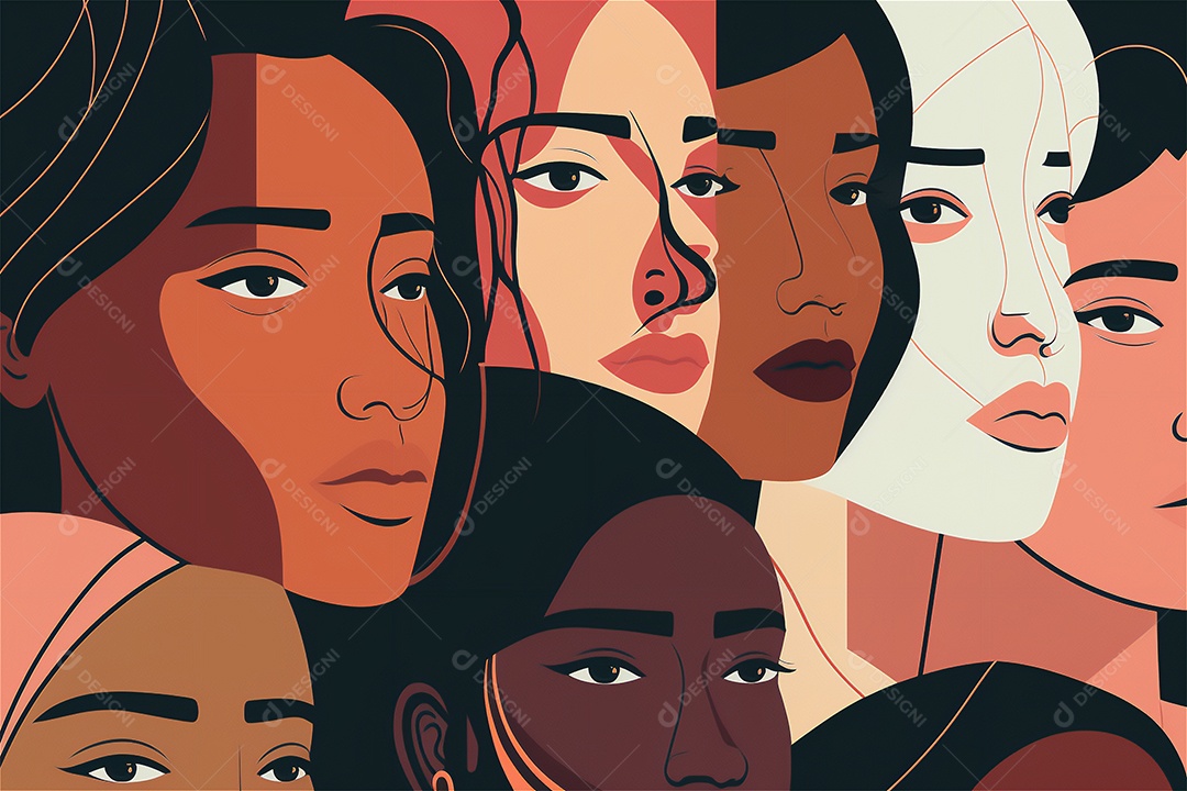 Ilustração do modelo Faces de design plano de desenhos animados de mulheres de diversas etnias e culturas. Dia Internacional da Mulher