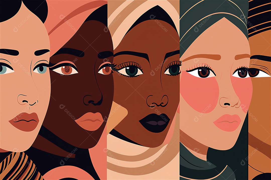 Ilustração do modelo Faces de design plano de desenhos animados de mulheres de diversas etnias e culturas. Dia Internacional da Mulher