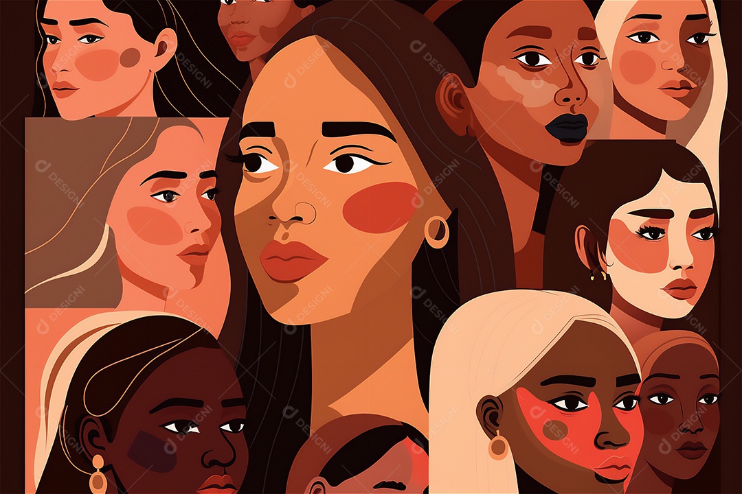 Ilustração do modelo Faces de design plano de desenhos animados de mulheres de diversas etnias e culturas. Dia Internacional da Mulher