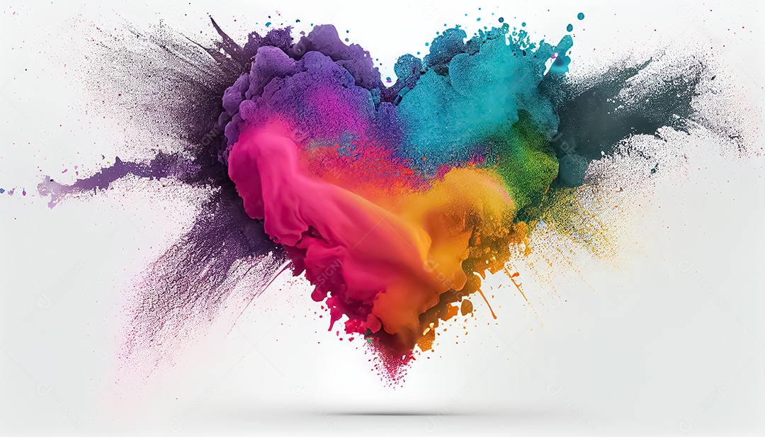Arco-íris colorido tinta cor pó explosão forma de coração fundo branco cena Ilustrações