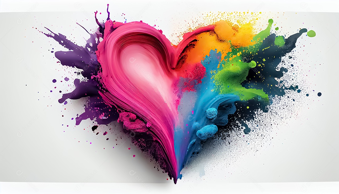 Arco-íris colorido tinta cor pó explosão forma de coração fundo branco cena Ilustrações
