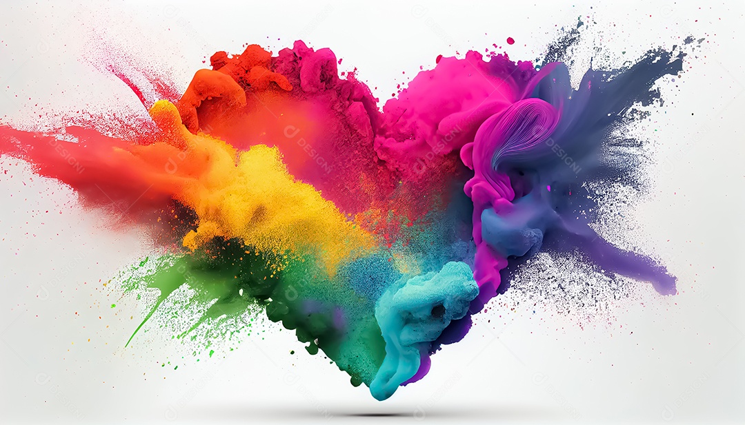 Arco-íris colorido tinta cor pó explosão forma de coração fundo branco cena Ilustrações