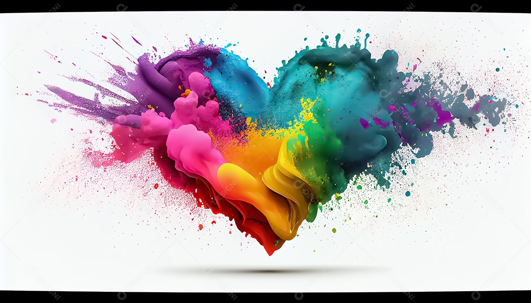 Arco-íris colorido tinta cor pó explosão forma de coração fundo branco cena Ilustrações