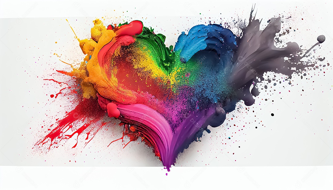 Arco-íris colorido tinta cor pó explosão forma de coração fundo branco cena Ilustrações