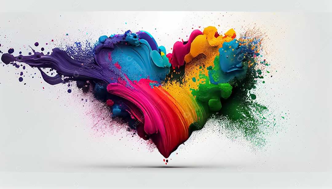 Arco-íris colorido tinta cor pó explosão forma de coração fundo branco cena Ilustrações