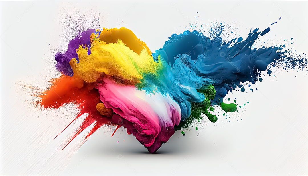 Arco-íris colorido tinta cor pó explosão forma de coração fundo branco cena Ilustrações