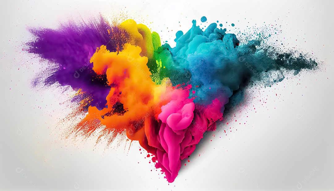 Arco-íris colorido tinta cor pó explosão forma de coração fundo branco cena Ilustrações