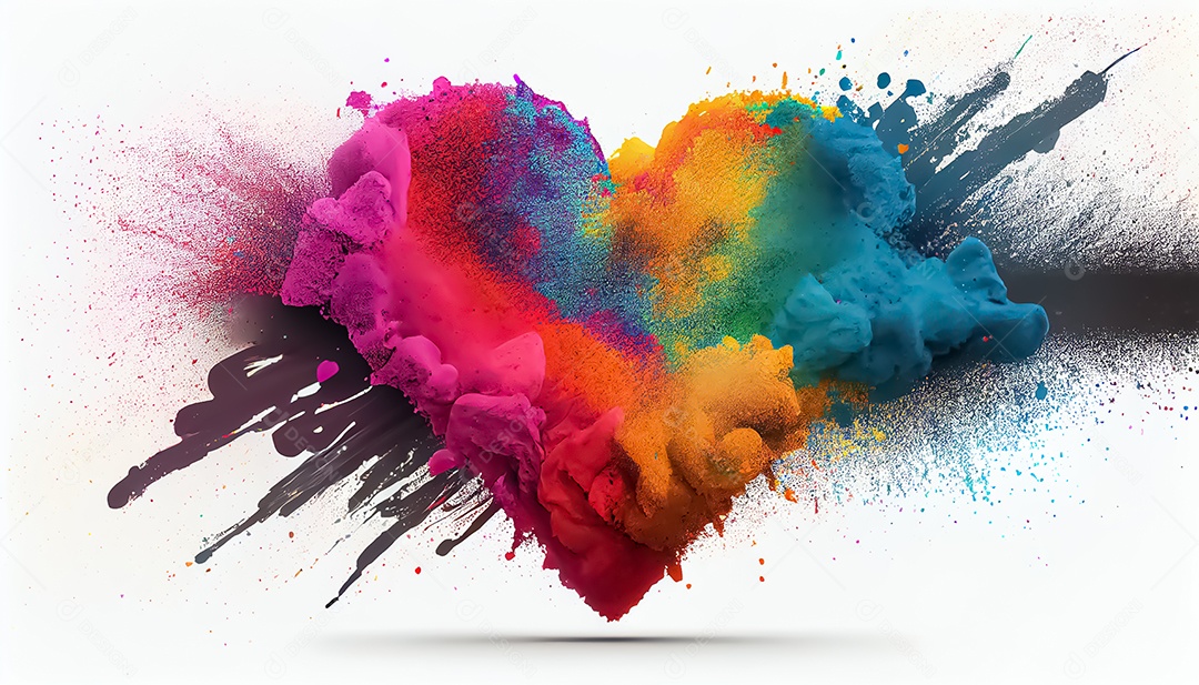 Arco-íris colorido tinta cor pó explosão forma de coração fundo branco cena Ilustrações