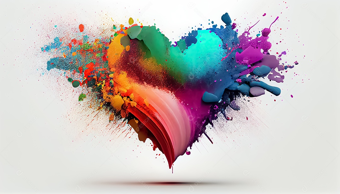 Arco-íris colorido tinta cor pó explosão forma de coração fundo branco cena Ilustrações