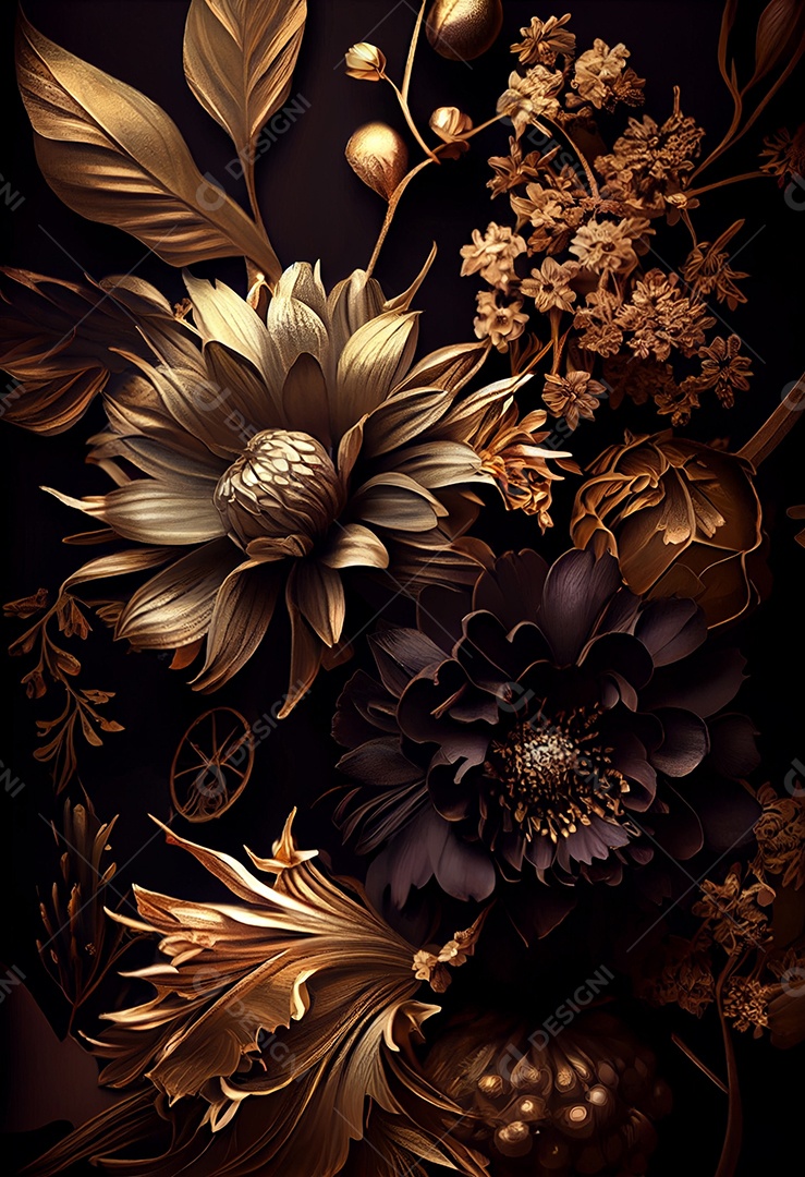 Ilustração 3D flores elegantes sobre fundo preto