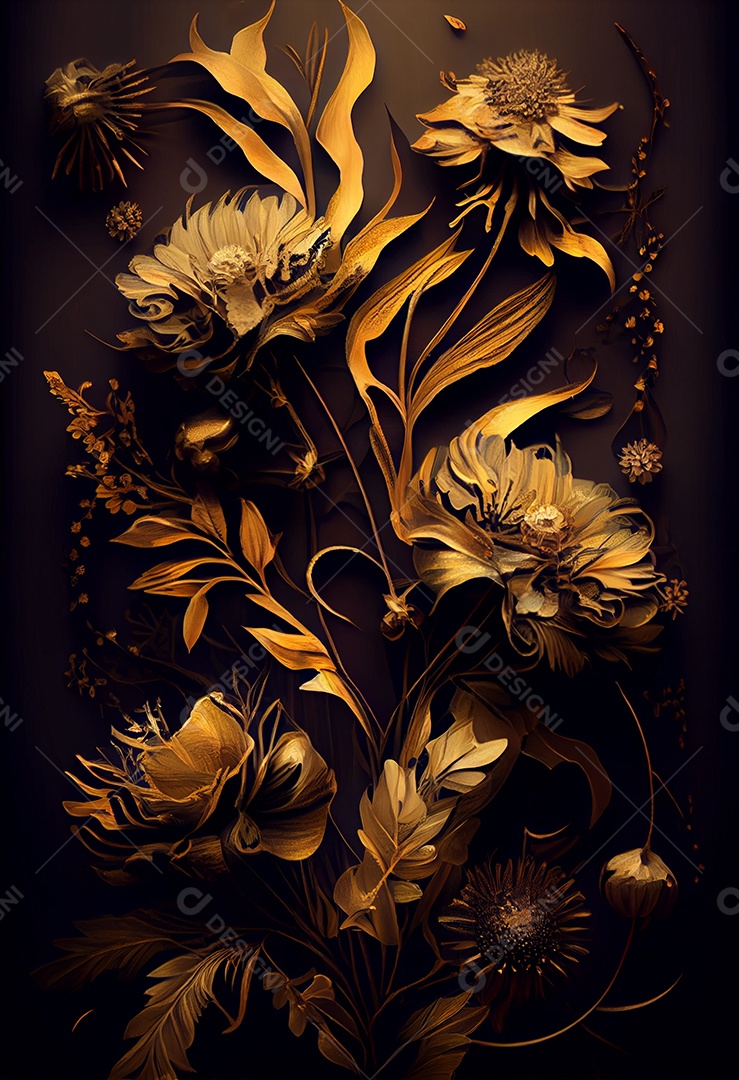 Ilustração 3D flores elegantes sobre fundo preto