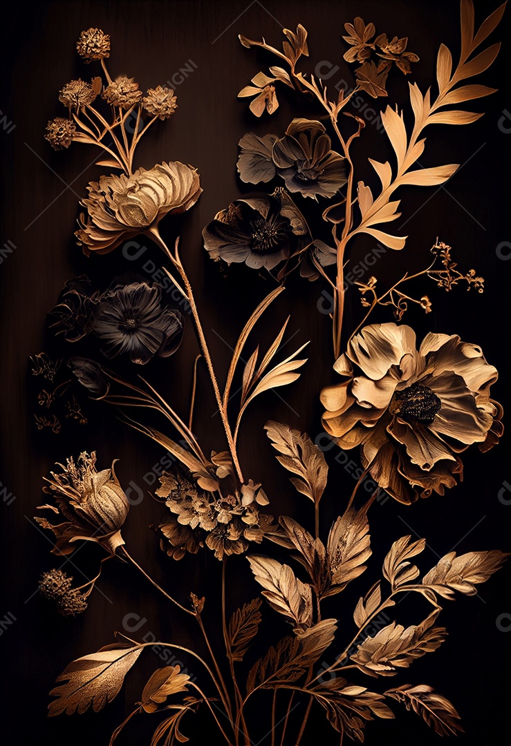 Ilustração 3D flores elegantes sobre fundo preto