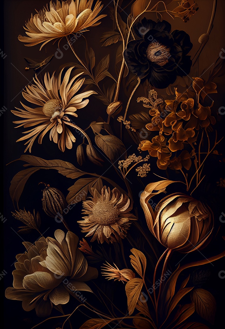 Ilustração 3D flores elegantes sobre fundo preto