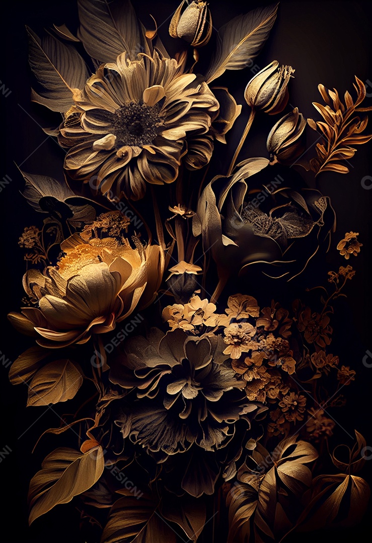 Ilustração 3D flores elegantes sobre fundo preto