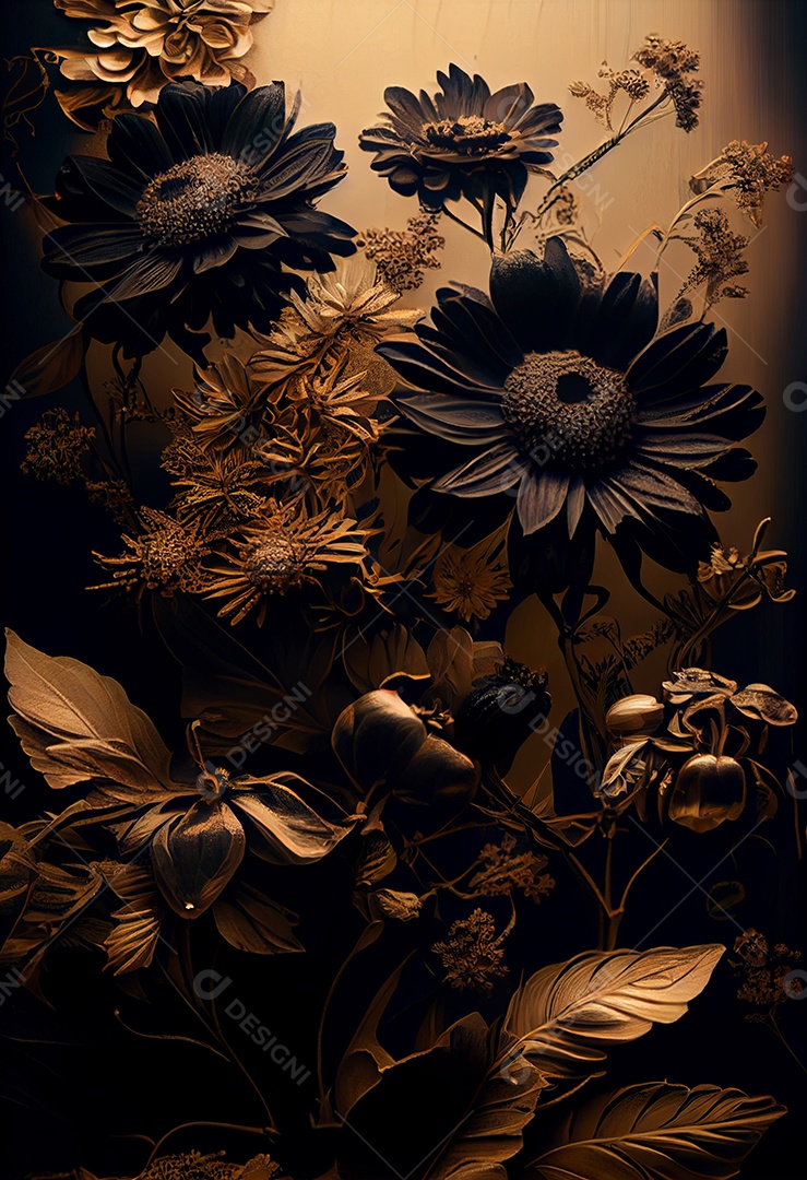 Ilustração 3D flores elegantes sobre fundo preto