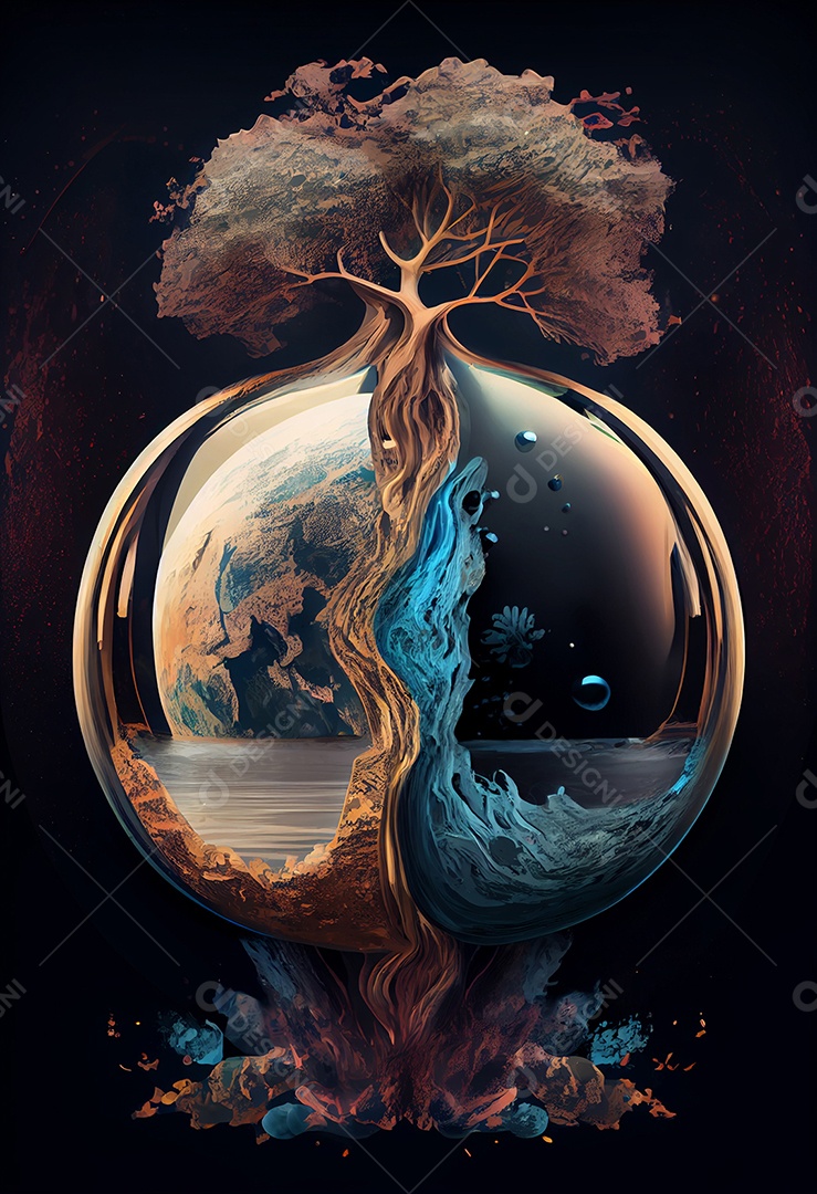 Ilustração 3D elementos fogo e agua