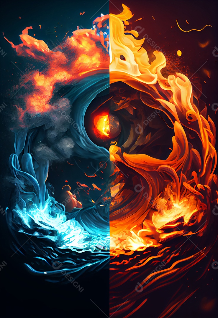 Ilustração 3D elementos fogo e agua