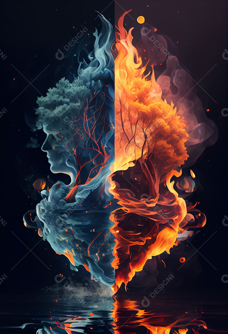 Ilustração 3D elementos fogo e agua