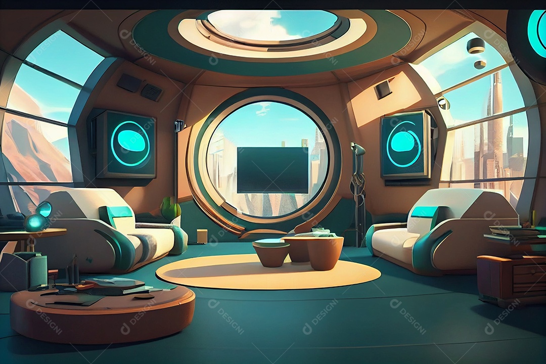 Ilustração 3D de uma sala futurística