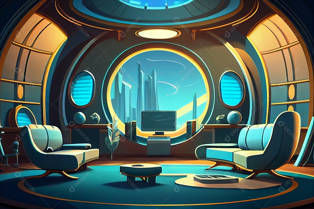 Ilustração 3D de uma sala futurística