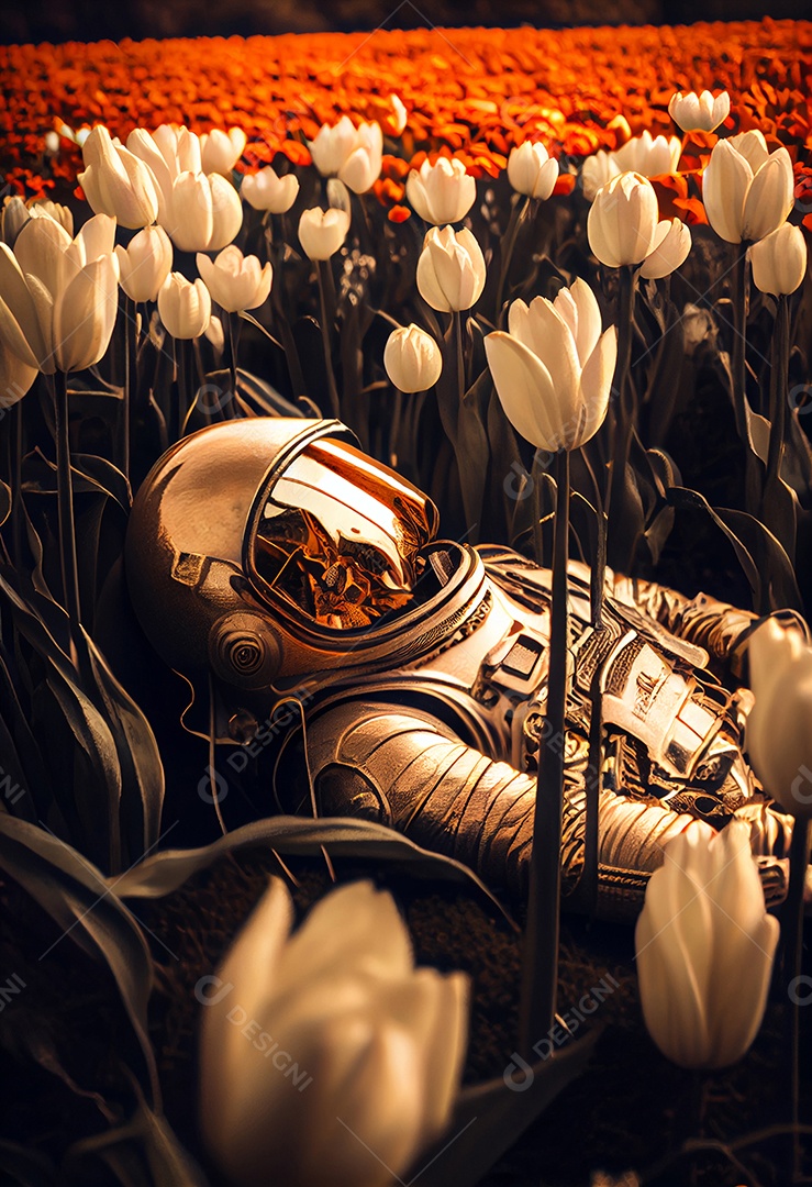 Ilustração 3D astronauta caido em meio a campo de flores
