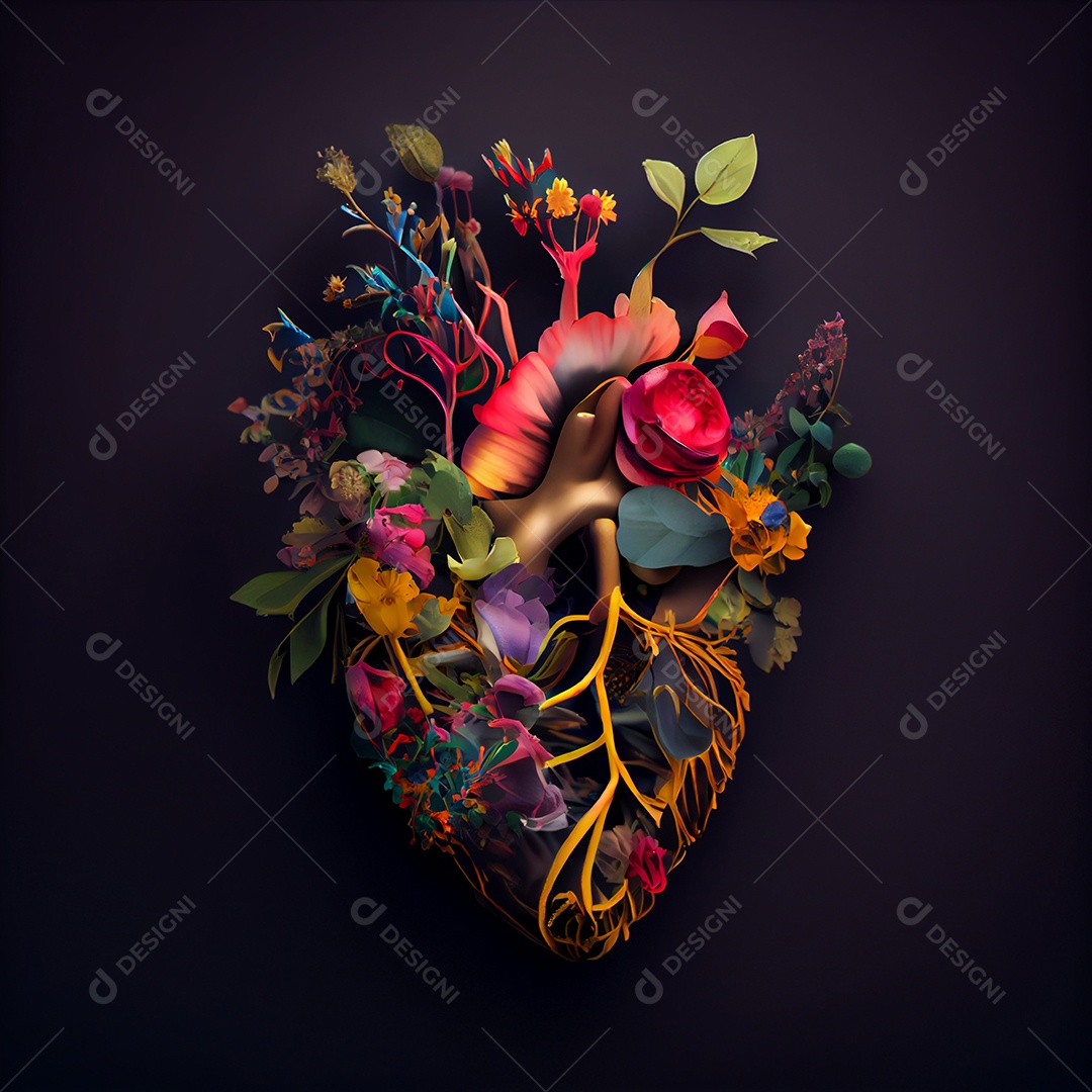 Ilustração de coração humano com flores