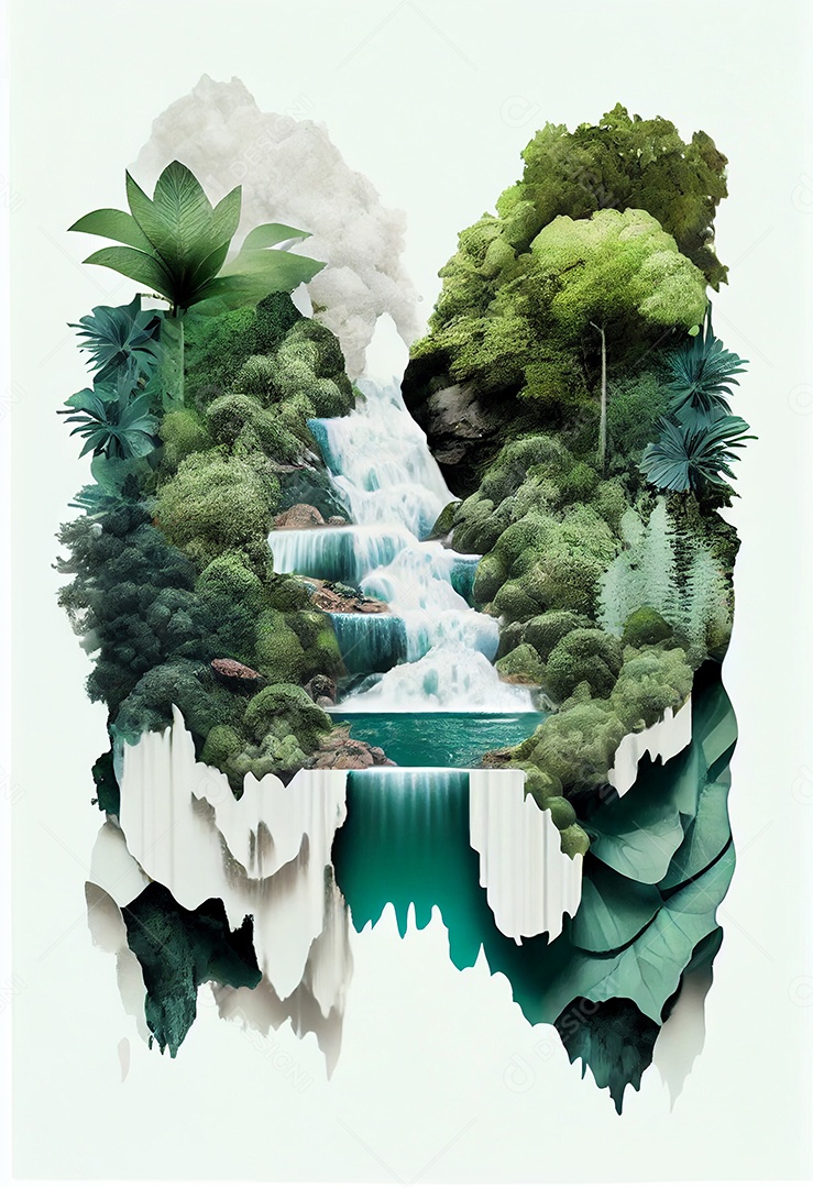Ilustração 3D de uma área verde com cachoeira