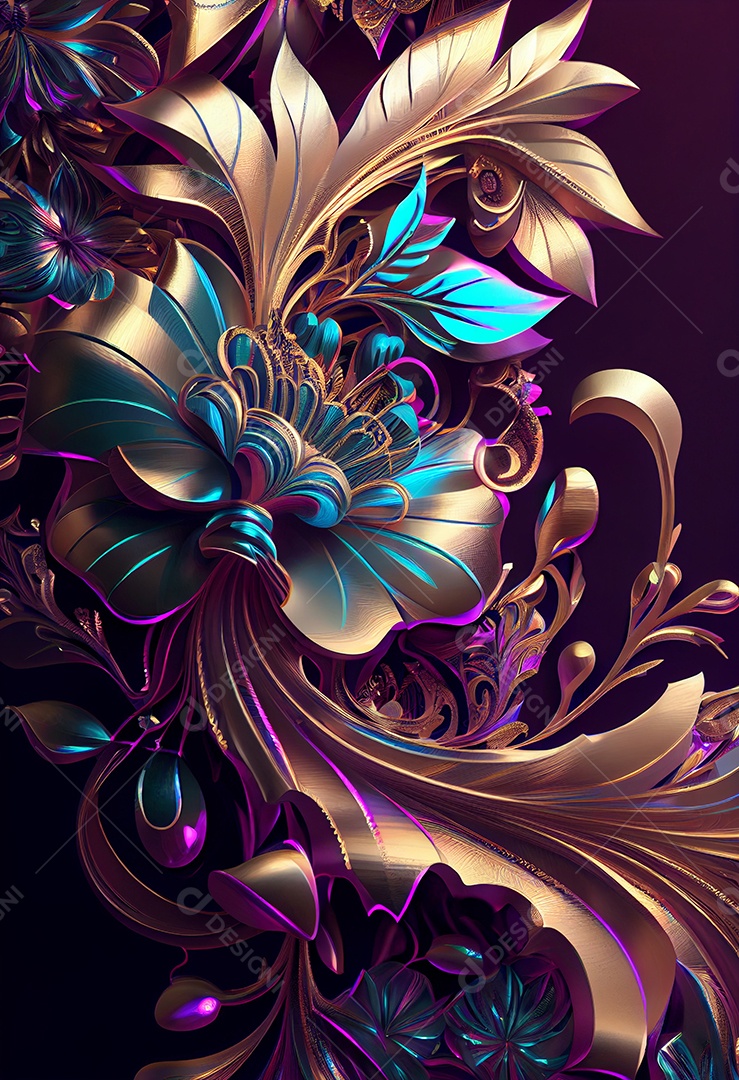 Ilustração 3D flores e folhas abstratas