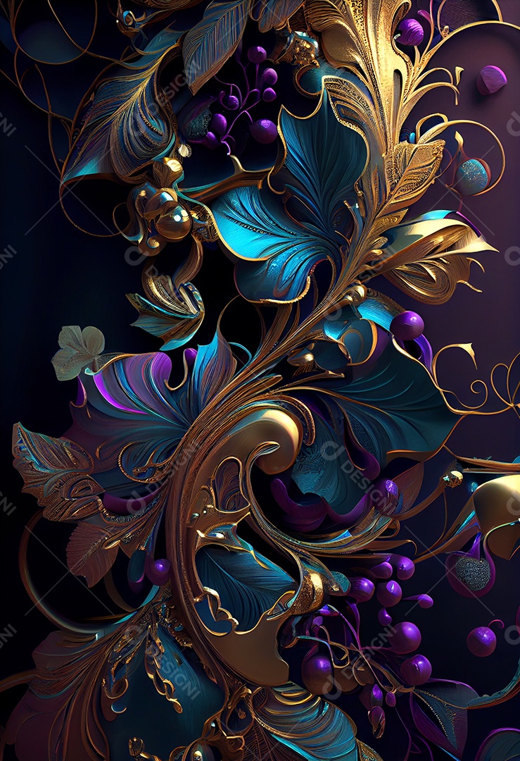 Ilustração 3D flores e folhas abstratas