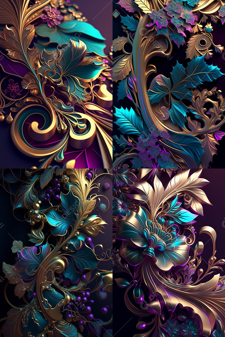 Ilustração 3D flores e folhas abstratas