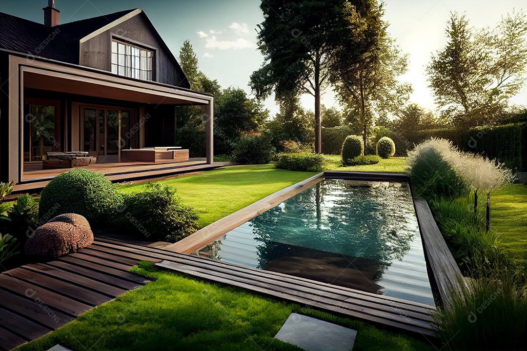 Ilustração 3D da área externa de uma casa